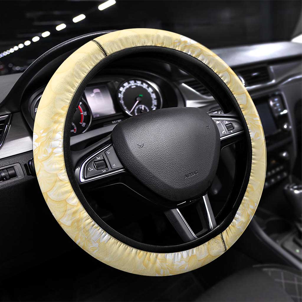 Pastel Yellow Mermaid Puakenikeni Maile Lei Steering Wheel Cover