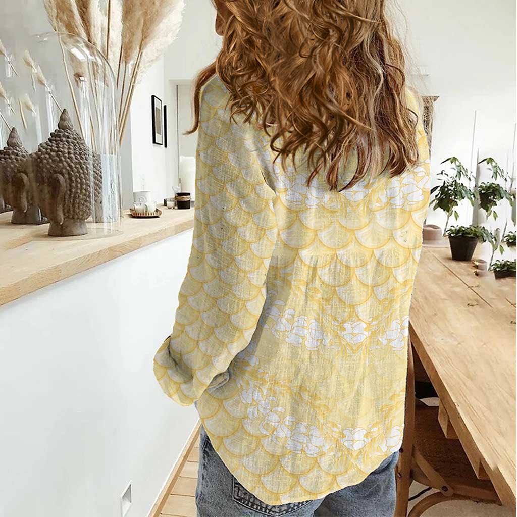 Pastel Yellow Mermaid Puakenikeni Maile Lei Women Casual Shirt
