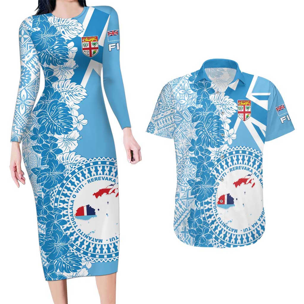 Personalised Fiji Day Couples Matching Long Sleeve Bodycon Dress and Hawaiian Shirt Fijian Map Hibiscus Tapa Pattern LT01