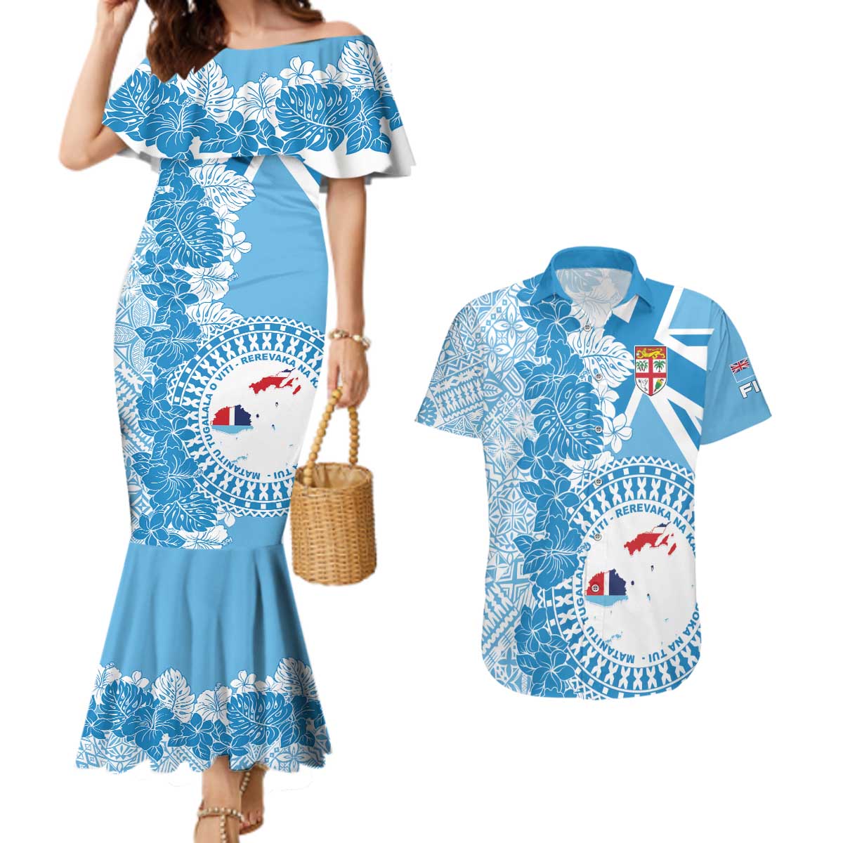 Personalised Fiji Day Couples Matching Mermaid Dress and Hawaiian Shirt Fijian Map Hibiscus Tapa Pattern LT01