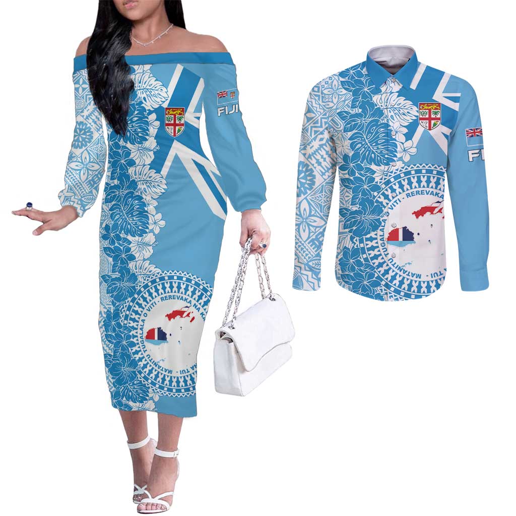 Personalised Fiji Day Couples Matching Off The Shoulder Long Sleeve Dress and Long Sleeve Button Shirt Fijian Map Hibiscus Tapa Pattern LT01