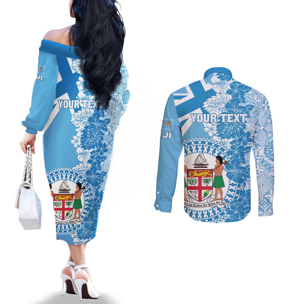 Personalised Fiji Day Couples Matching Off The Shoulder Long Sleeve Dress and Long Sleeve Button Shirt Fijian Map Hibiscus Tapa Pattern LT01