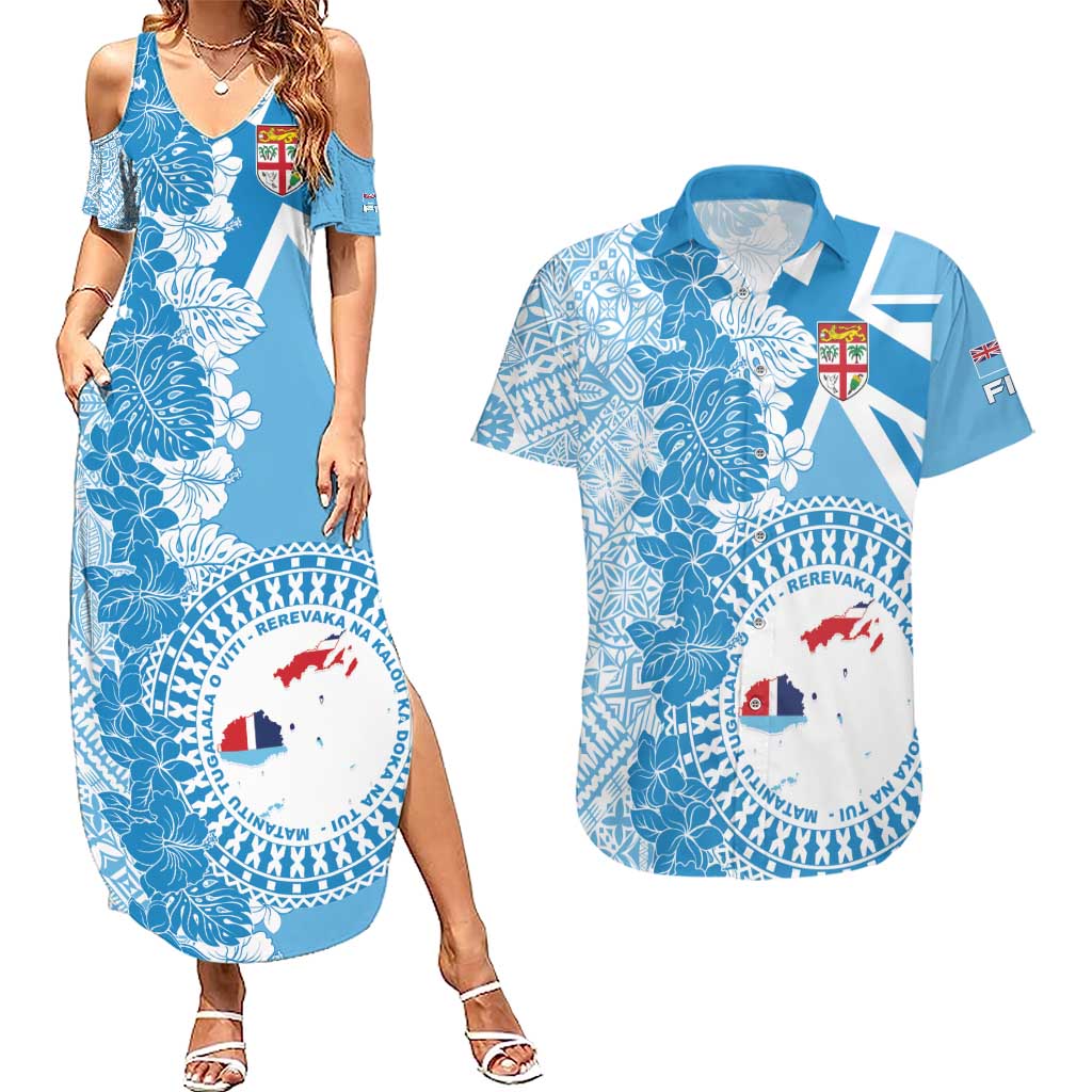 Personalised Fiji Day Couples Matching Summer Maxi Dress and Hawaiian Shirt Fijian Map Hibiscus Tapa Pattern LT01