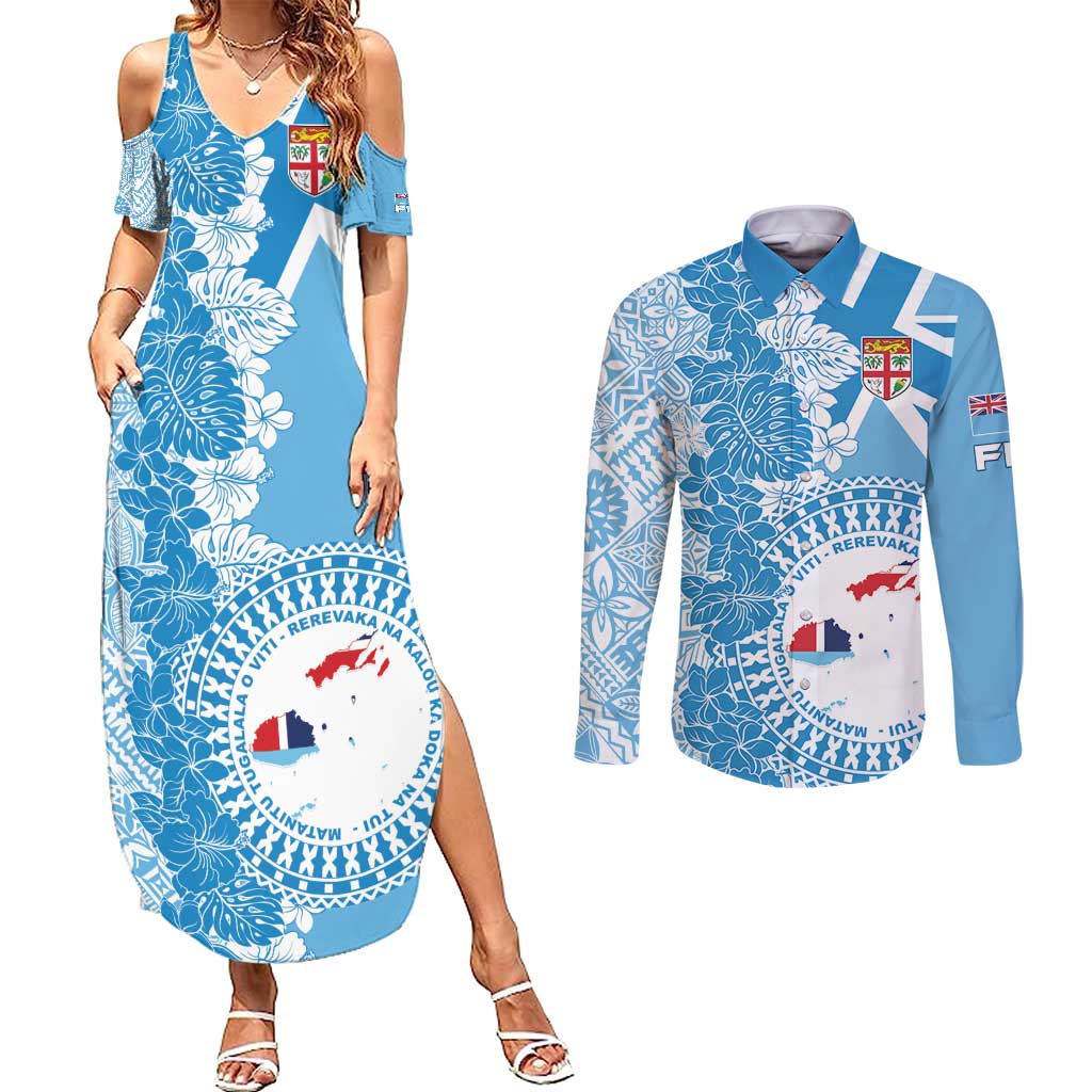 Personalised Fiji Day Couples Matching Summer Maxi Dress and Long Sleeve Button Shirt Fijian Map Hibiscus Tapa Pattern LT01