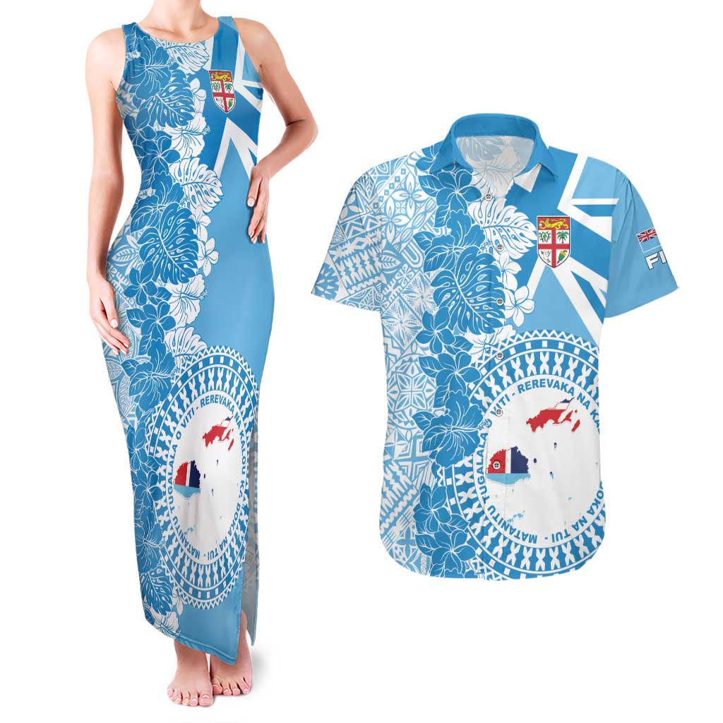 Personalised Fiji Day Couples Matching Tank Maxi Dress and Hawaiian Shirt Fijian Map Hibiscus Tapa Pattern LT01