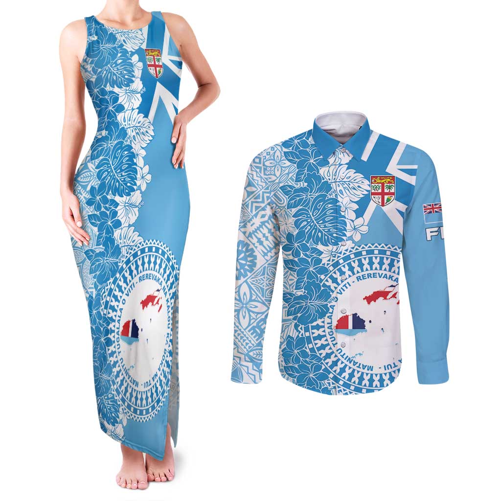 Personalised Fiji Day Couples Matching Tank Maxi Dress and Long Sleeve Button Shirt Fijian Map Hibiscus Tapa Pattern LT01