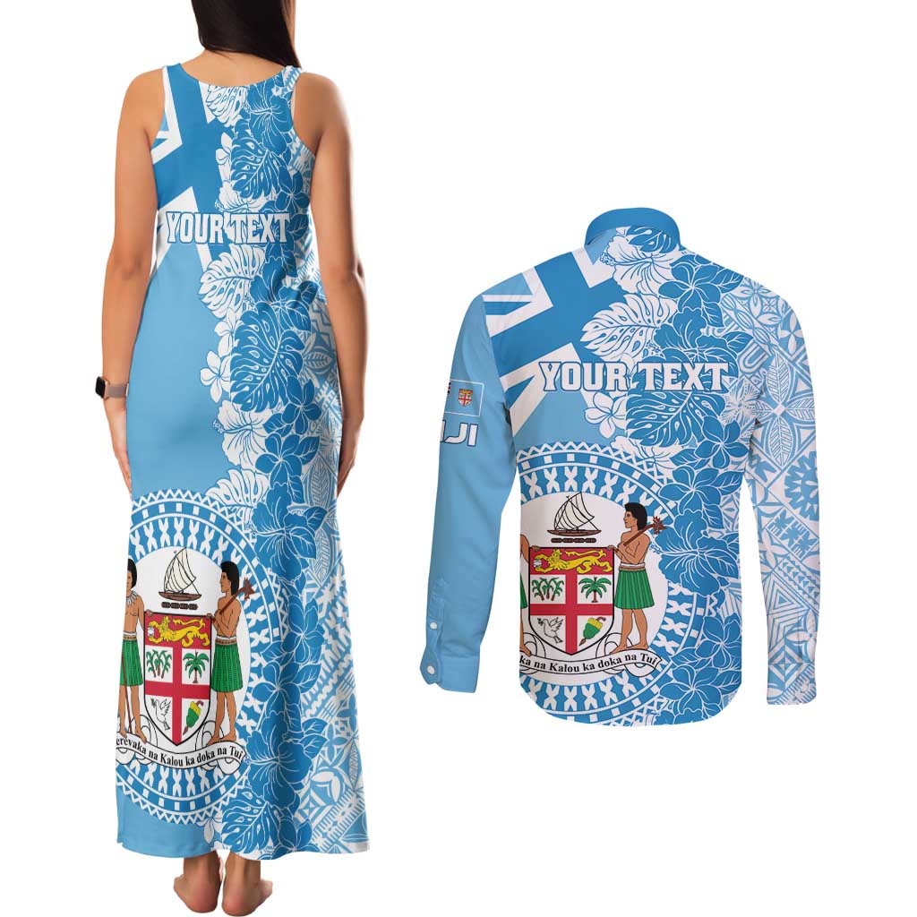 Personalised Fiji Day Couples Matching Tank Maxi Dress and Long Sleeve Button Shirt Fijian Map Hibiscus Tapa Pattern LT01