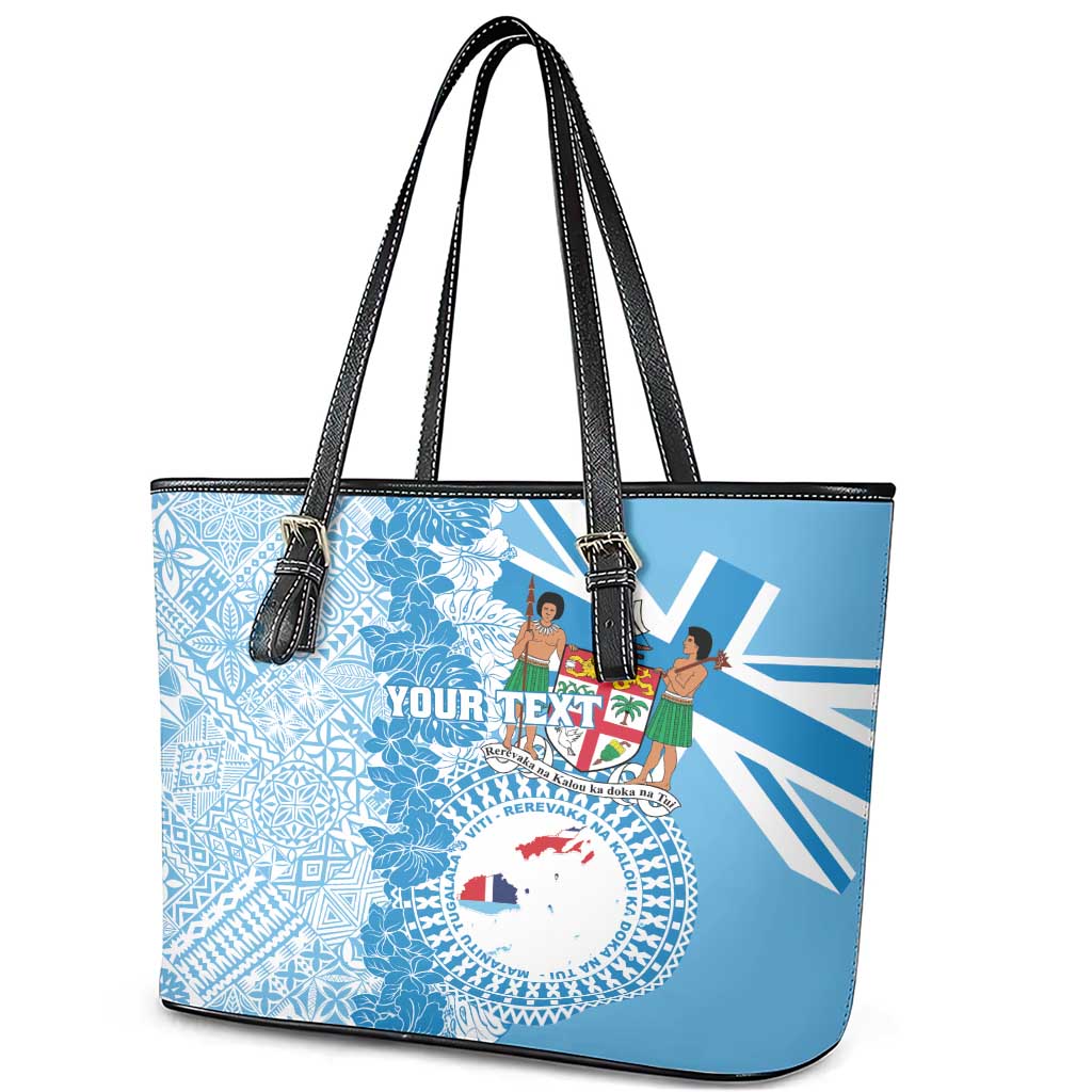 Personalised Fiji Day Leather Tote Bag Fijian Map Hibiscus Tapa Pattern