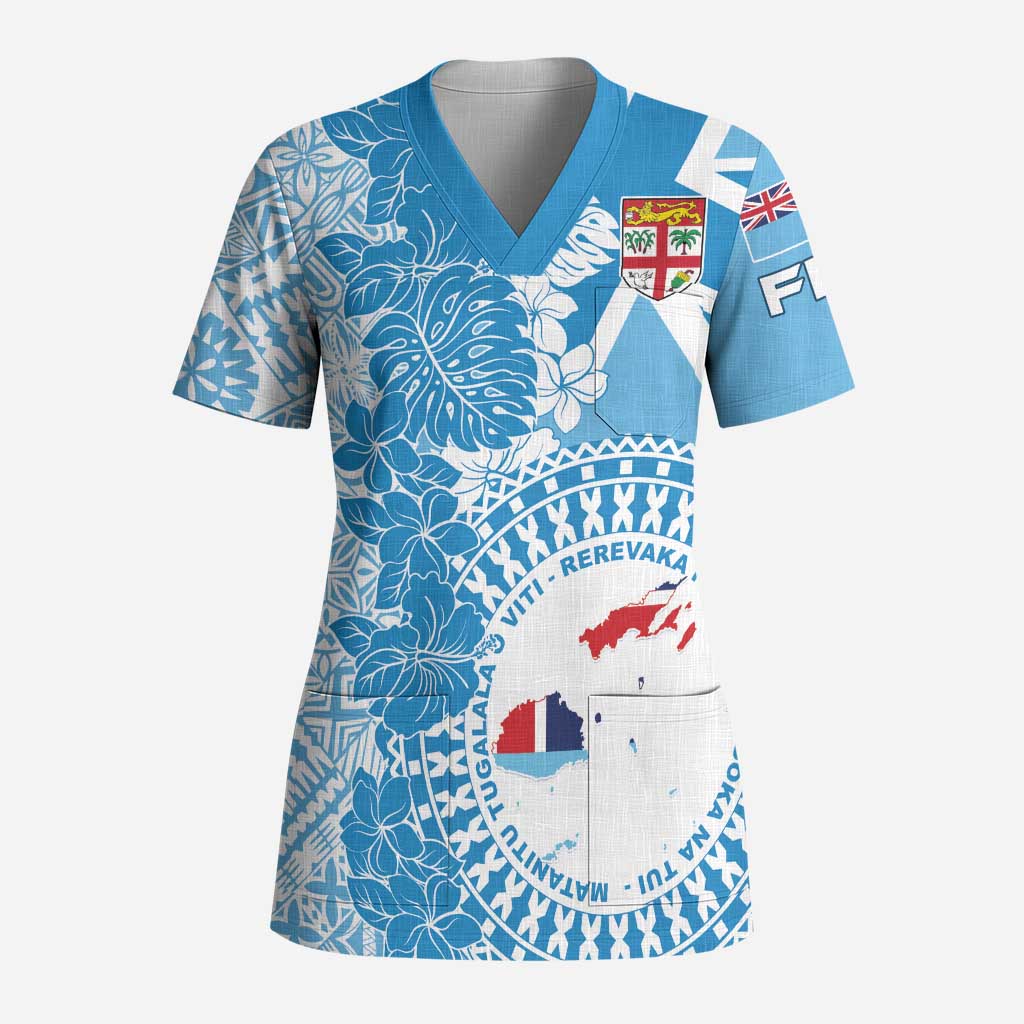 Personalised Fiji Day Scrub Top Fijian Map Hibiscus Tapa Pattern LT01 Adult Blue - Polynesian Pride