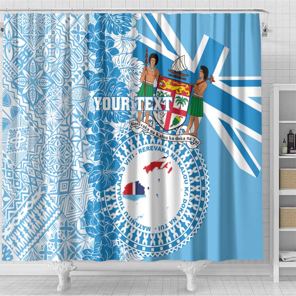 Personalised Fiji Day Shower Curtain Fijian Map Hibiscus Tapa Pattern