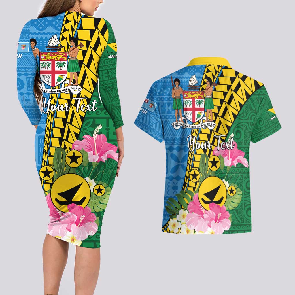 Personalised Malampa Fiji Day Couples Matching Long Sleeve Bodycon Dress and Hawaiian Shirt Tropical Tapa Pattern