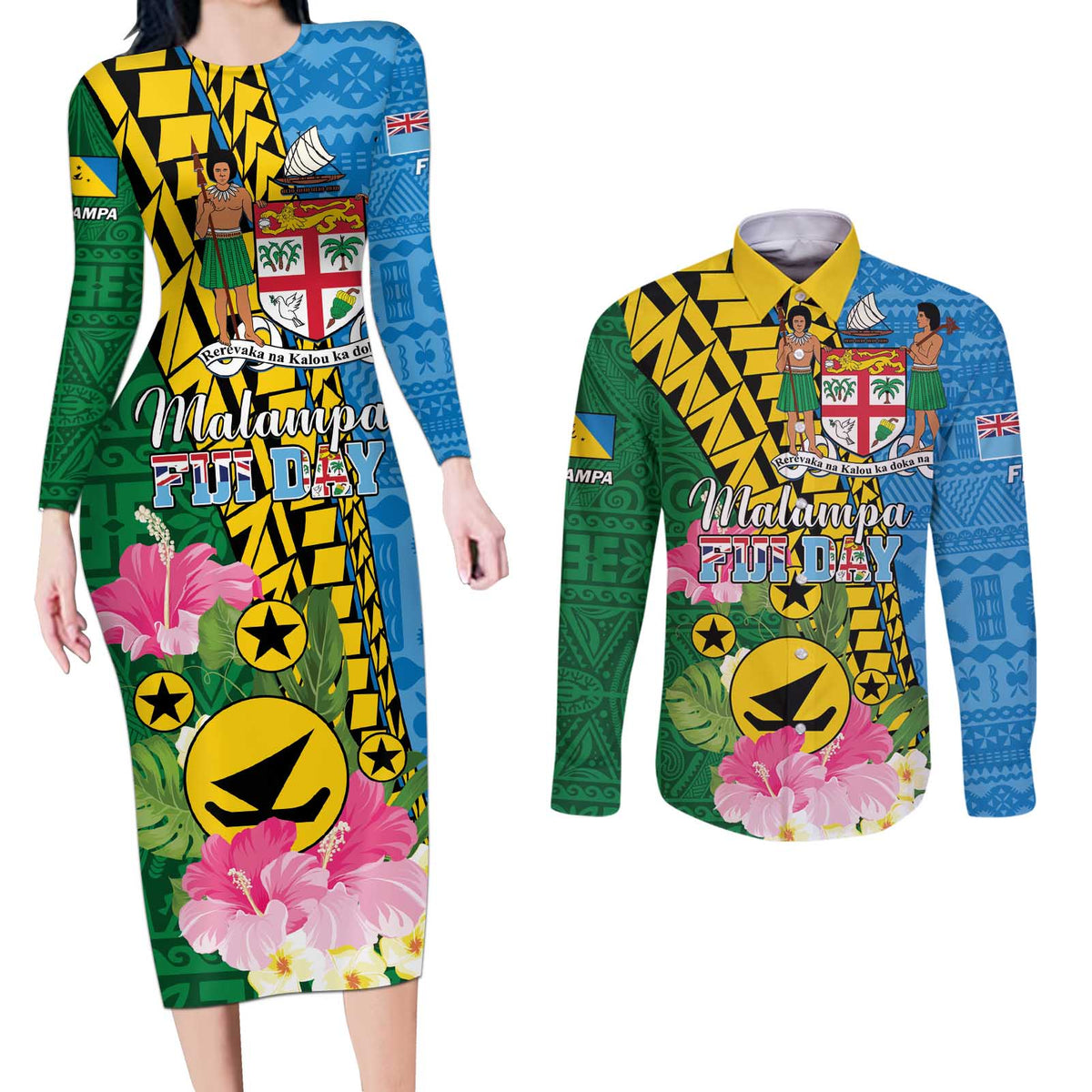 Personalised Malampa Fiji Day Couples Matching Long Sleeve Bodycon Dress and Long Sleeve Button Shirt Tropical Tapa Pattern