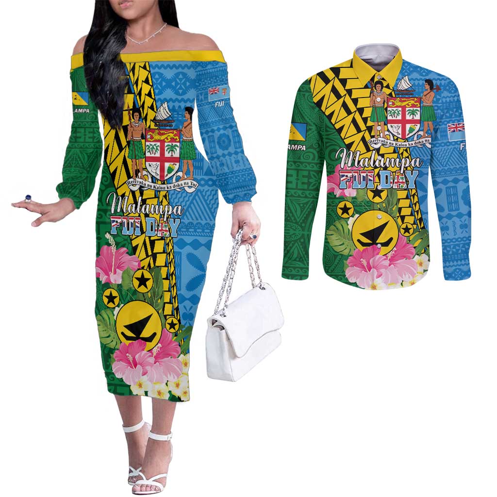 Personalised Malampa Fiji Day Couples Matching Off The Shoulder Long Sleeve Dress and Long Sleeve Button Shirt Tropical Tapa Pattern