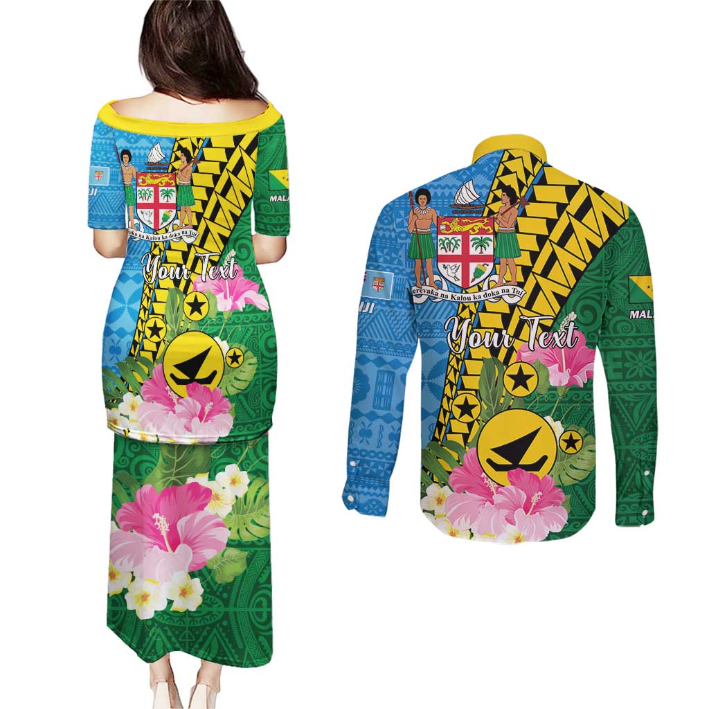Personalised Malampa Fiji Day Couples Matching Puletasi and Long Sleeve Button Shirt Tropical Tapa Pattern