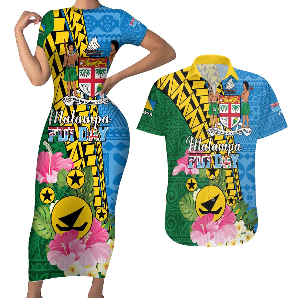 Personalised Malampa Fiji Day Couples Matching Short Sleeve Bodycon Dress and Hawaiian Shirt Tropical Tapa Pattern