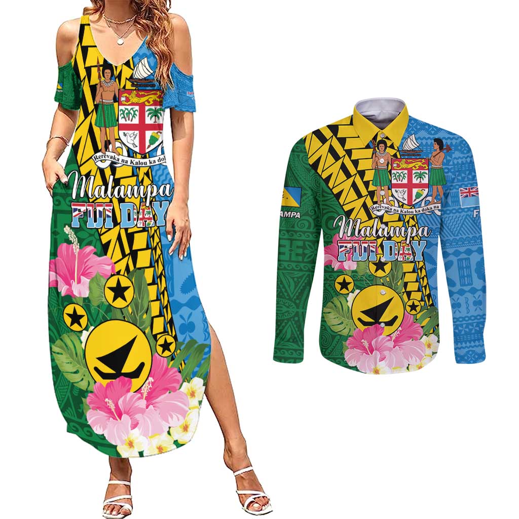 Personalised Malampa Fiji Day Couples Matching Summer Maxi Dress and Long Sleeve Button Shirt Tropical Tapa Pattern