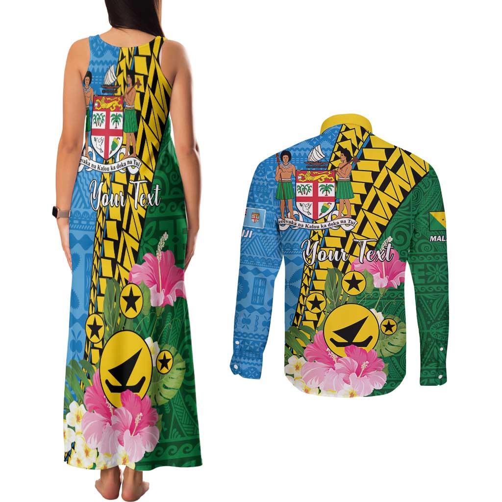 Personalised Malampa Fiji Day Couples Matching Tank Maxi Dress and Long Sleeve Button Shirt Tropical Tapa Pattern