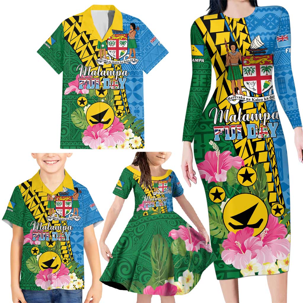 Personalised Malampa Fiji Day Family Matching Long Sleeve Bodycon Dress and Hawaiian Shirt Tropical Tapa Pattern