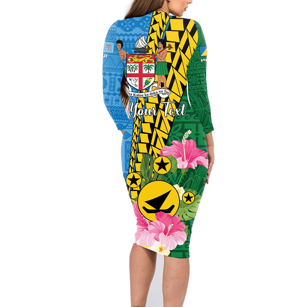 Personalised Malampa Fiji Day Family Matching Long Sleeve Bodycon Dress and Hawaiian Shirt Tropical Tapa Pattern