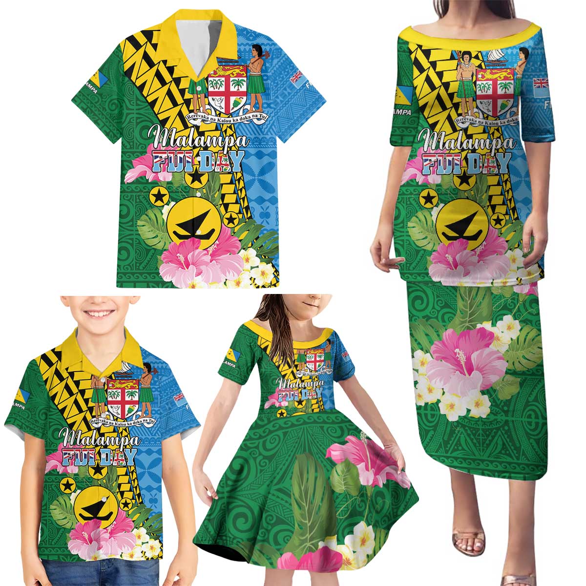 Personalised Malampa Fiji Day Family Matching Puletasi and Hawaiian Shirt Tropical Tapa Pattern