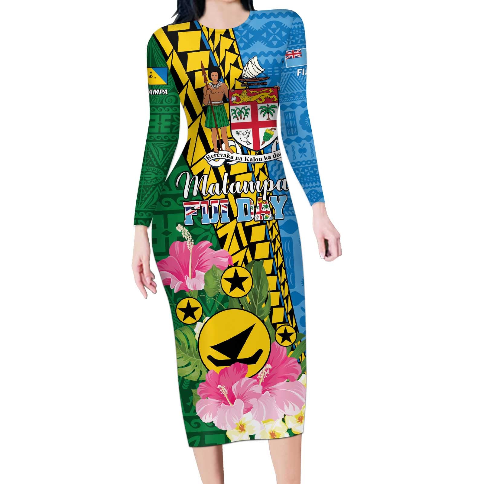 Personalised Malampa Fiji Day Long Sleeve Bodycon Dress Tropical Tapa Pattern