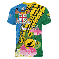 Personalised Malampa Fiji Day Women V-Neck T-Shirt Tropical Tapa Pattern