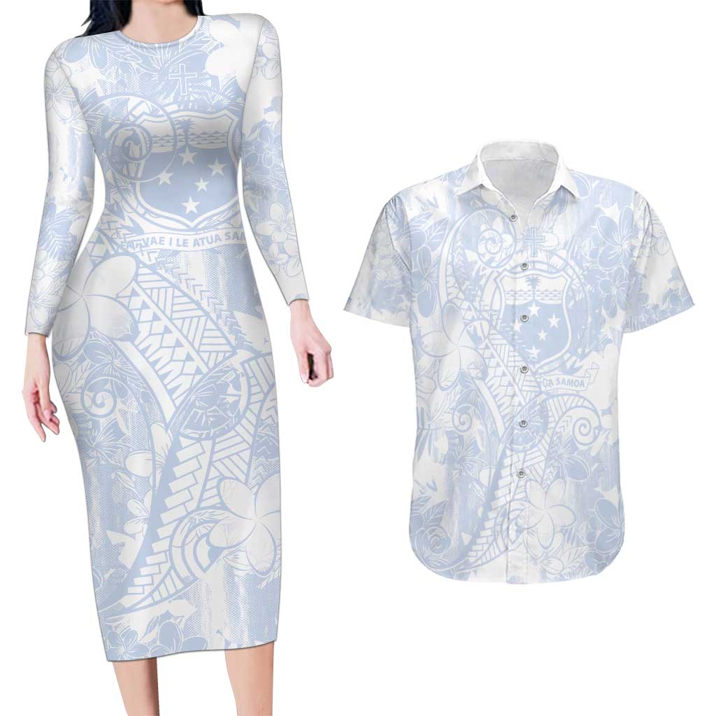 Samoa White Sunday Couples Matching Long Sleeve Bodycon Dress and Hawaiian Shirt Plumeria Floral