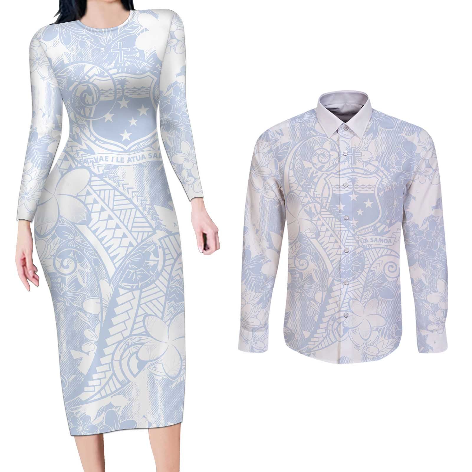 Samoa White Sunday Couples Matching Long Sleeve Bodycon Dress and Long Sleeve Button Shirt Plumeria Floral