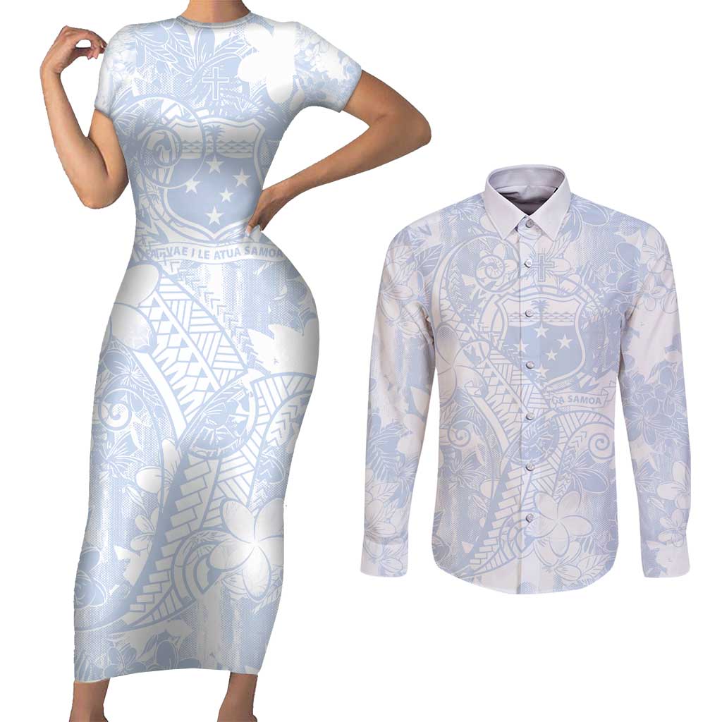 Samoa White Sunday Couples Matching Short Sleeve Bodycon Dress and Long Sleeve Button Shirt Plumeria Floral