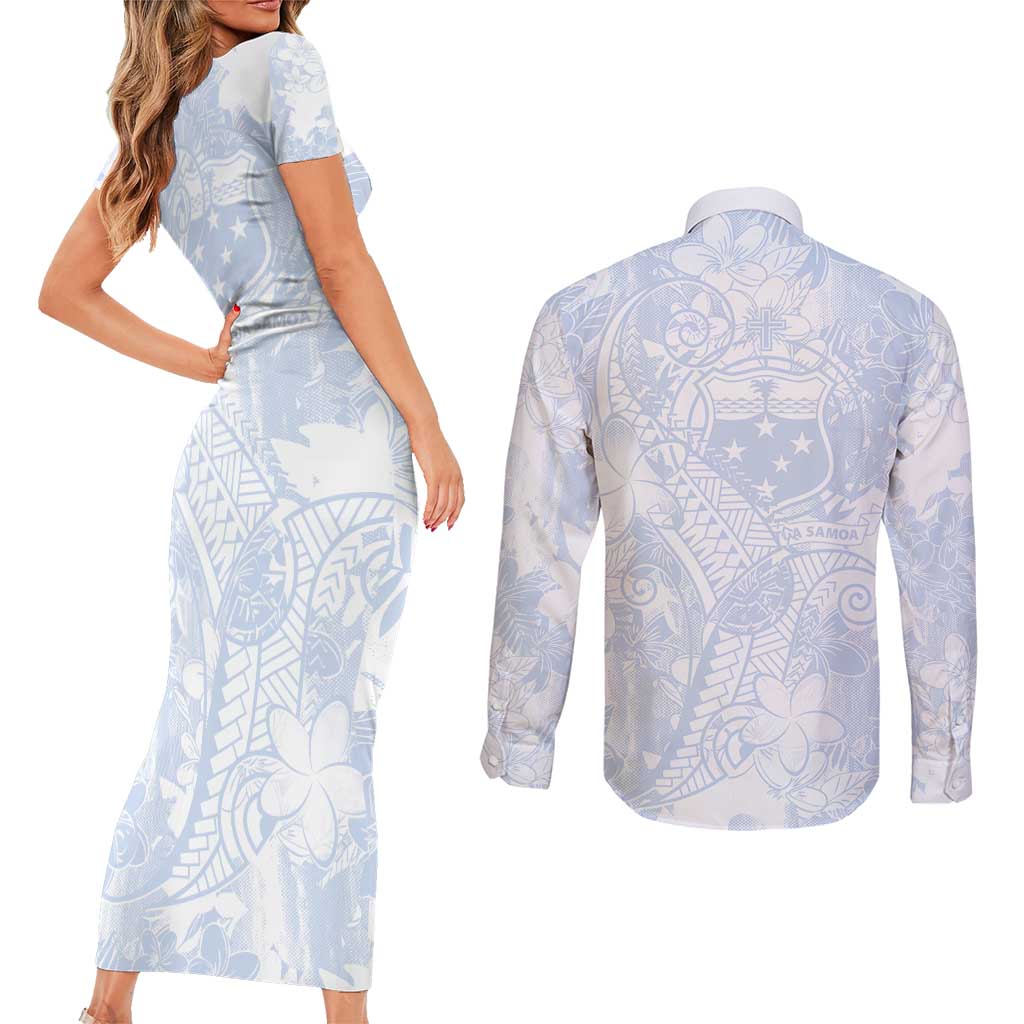 Samoa White Sunday Couples Matching Short Sleeve Bodycon Dress and Long Sleeve Button Shirt Plumeria Floral