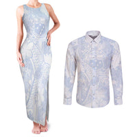 Samoa White Sunday Couples Matching Tank Maxi Dress and Long Sleeve Button Shirt Plumeria Floral