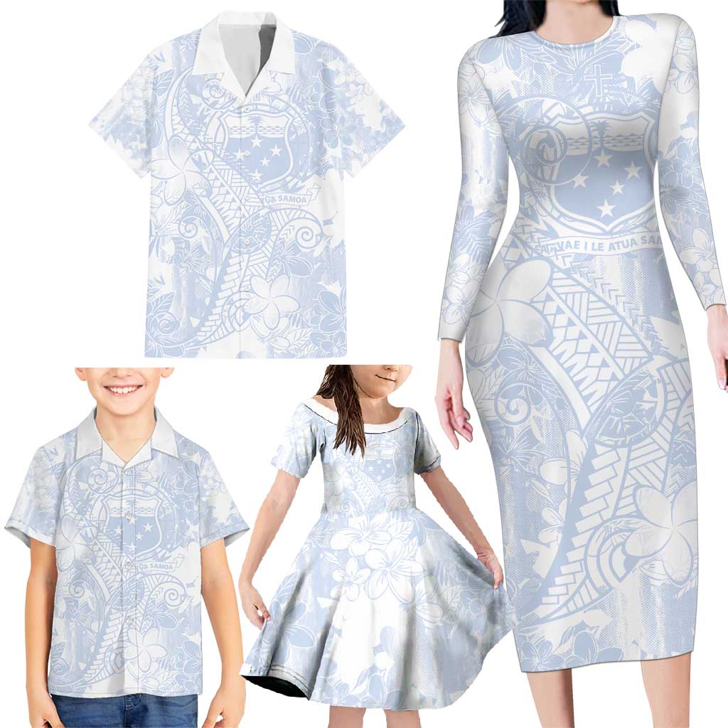 Samoa White Sunday Family Matching Long Sleeve Bodycon Dress and Hawaiian Shirt Plumeria Floral