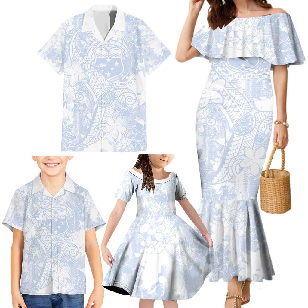 Samoa White Sunday Family Matching Mermaid Dress and Hawaiian Shirt Plumeria Floral