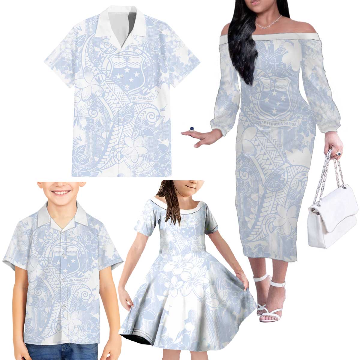 Samoa White Sunday Family Matching Off The Shoulder Long Sleeve Dress and Hawaiian Shirt Plumeria Floral