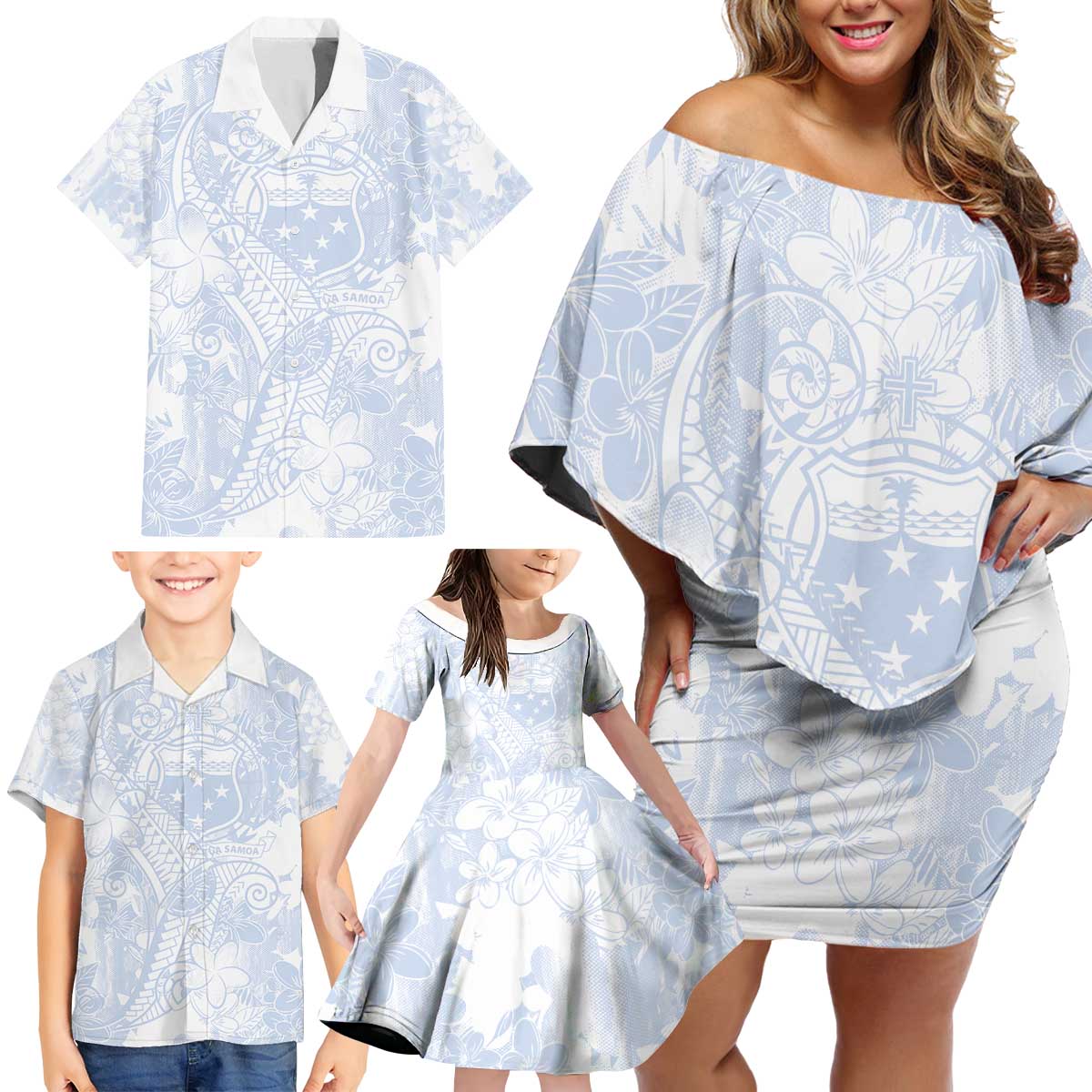 Samoa White Sunday Family Matching Off Shoulder Short Dress and Hawaiian Shirt Plumeria Floral