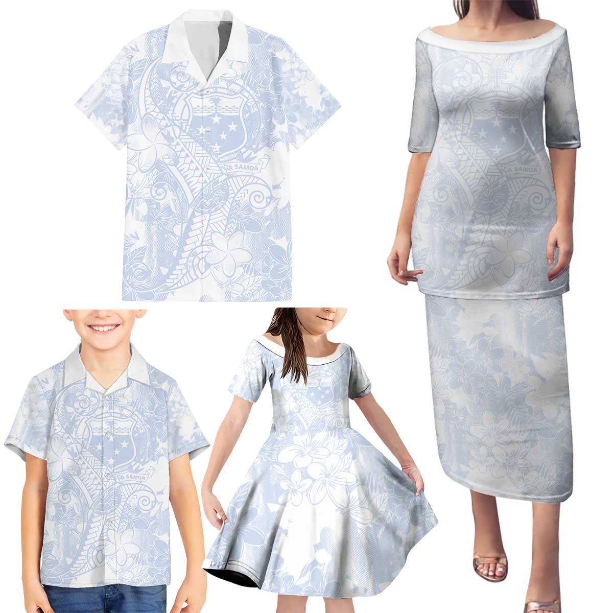 Samoa White Sunday Family Matching Puletasi and Hawaiian Shirt Plumeria Floral