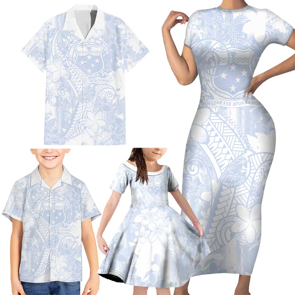 Samoa White Sunday Family Matching Short Sleeve Bodycon Dress and Hawaiian Shirt Plumeria Floral