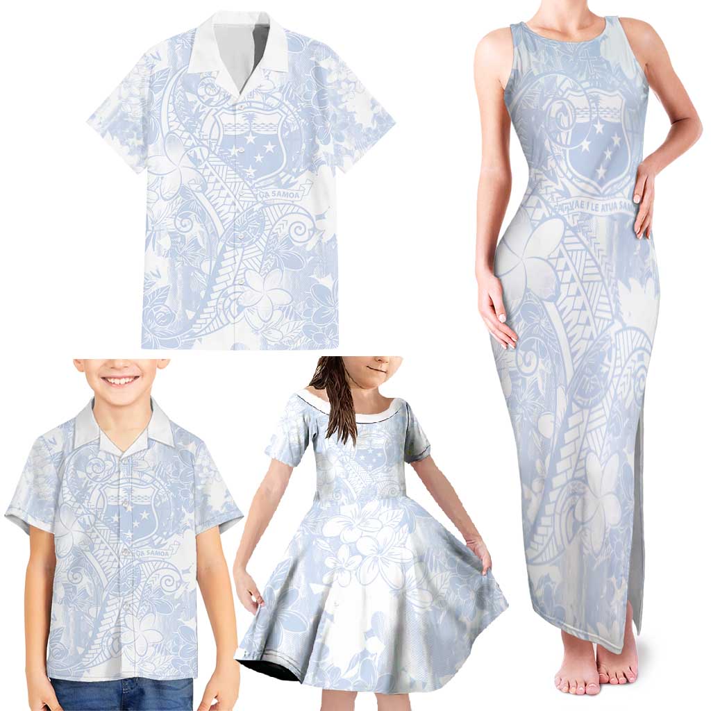 Samoa White Sunday Family Matching Tank Maxi Dress and Hawaiian Shirt Plumeria Floral