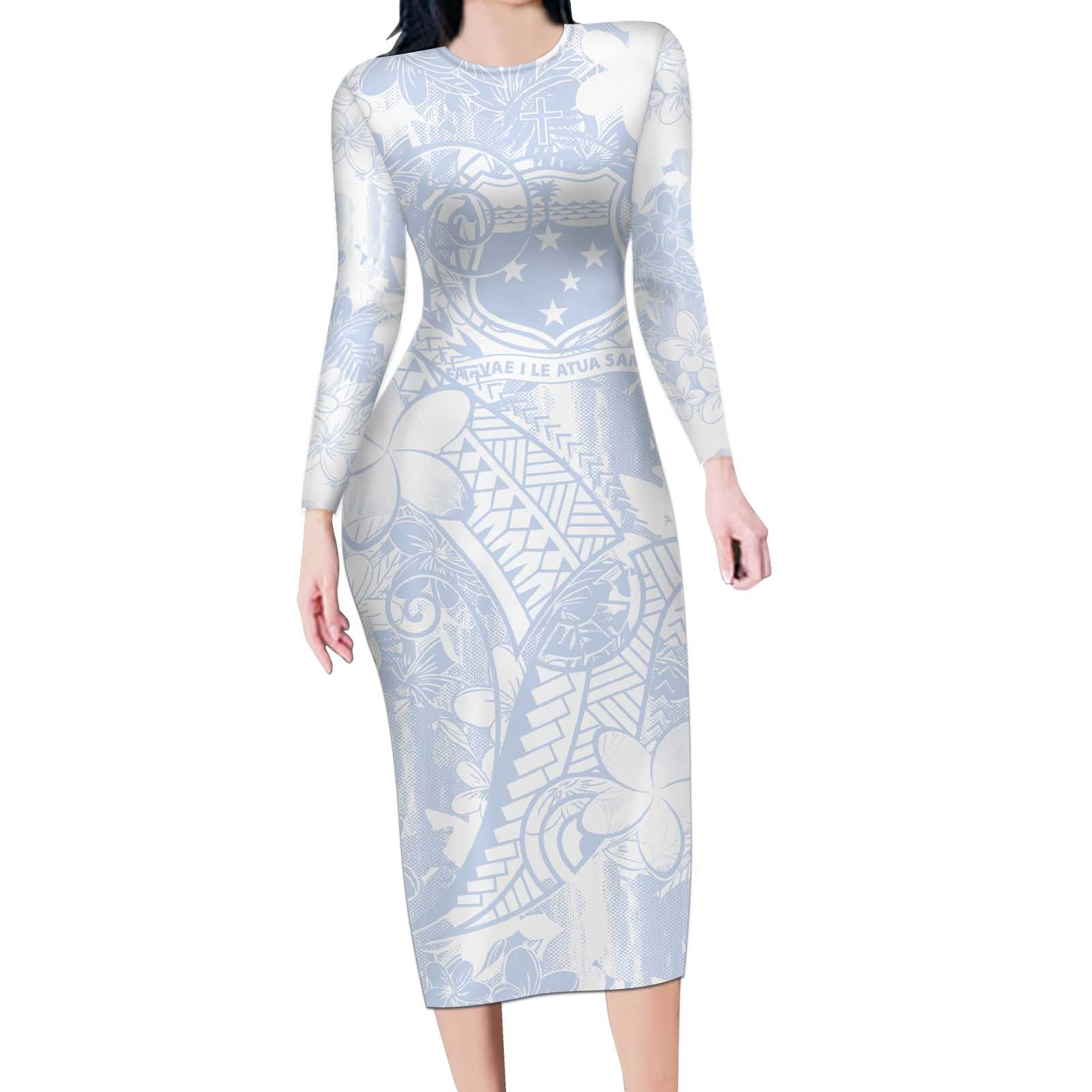 Samoa White Sunday Long Sleeve Bodycon Dress Plumeria Floral