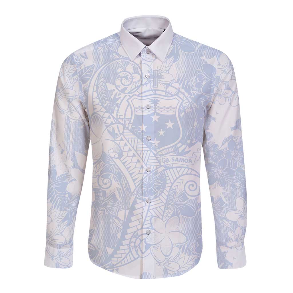 Samoa White Sunday Long Sleeve Button Shirt Plumeria Floral