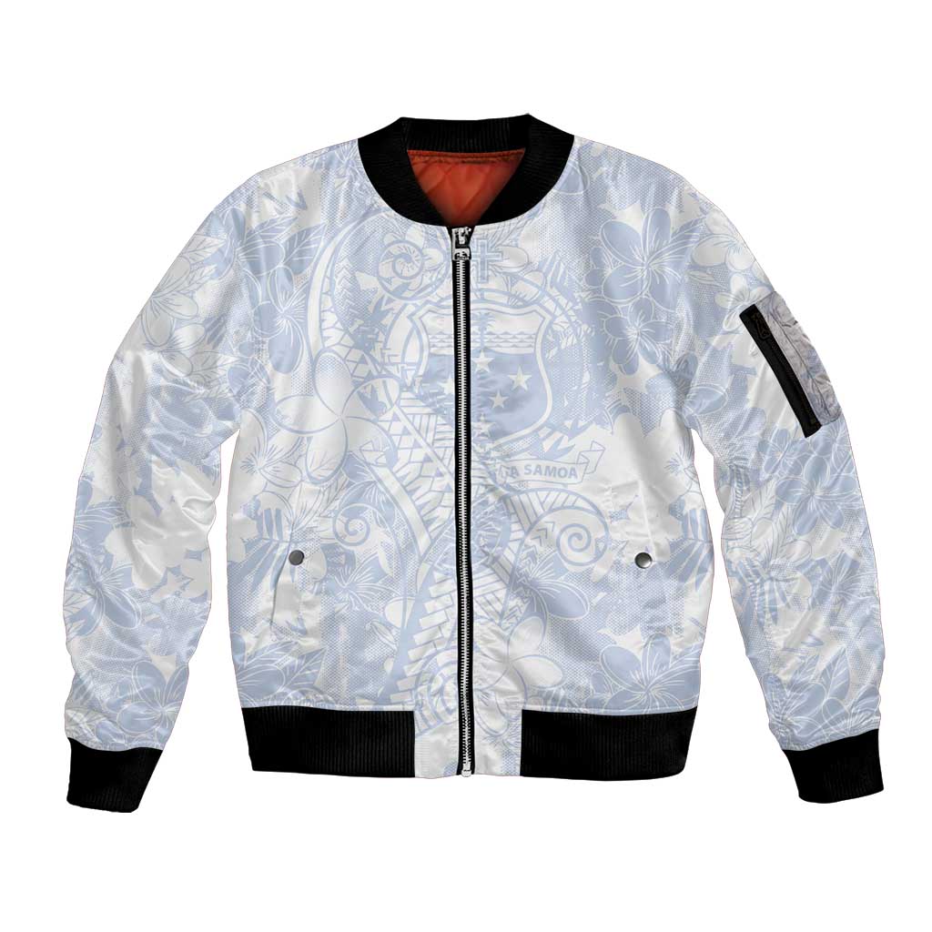 Samoa White Sunday Sleeve Zip Bomber Jacket Plumeria Floral