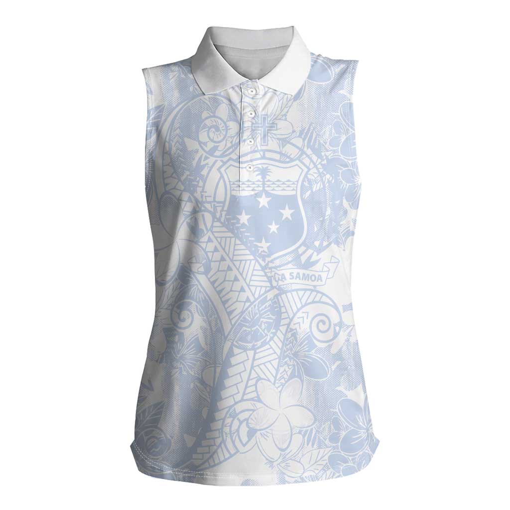 Samoa White Sunday Women Sleeveless Polo Shirt Plumeria Floral