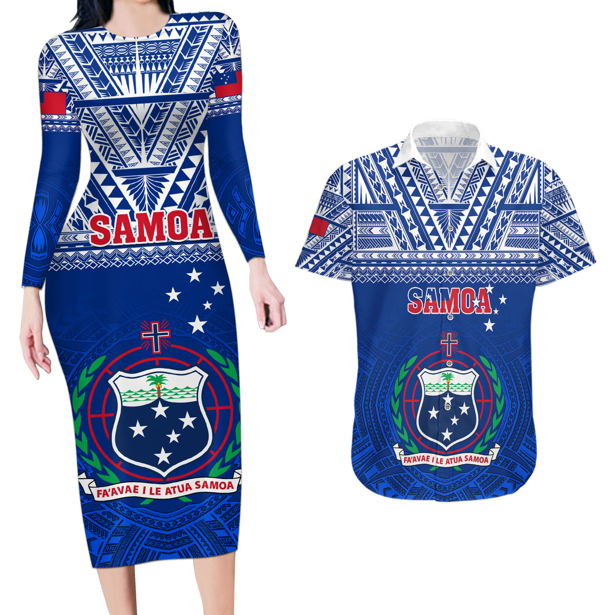 Custom Samoa Rugby Couples Matching Long Sleeve Bodycon Dress and Hawaiian Shirt Manu Samoa Polynesian Tatoo Pattern LT01 Blue - Polynesian Pride