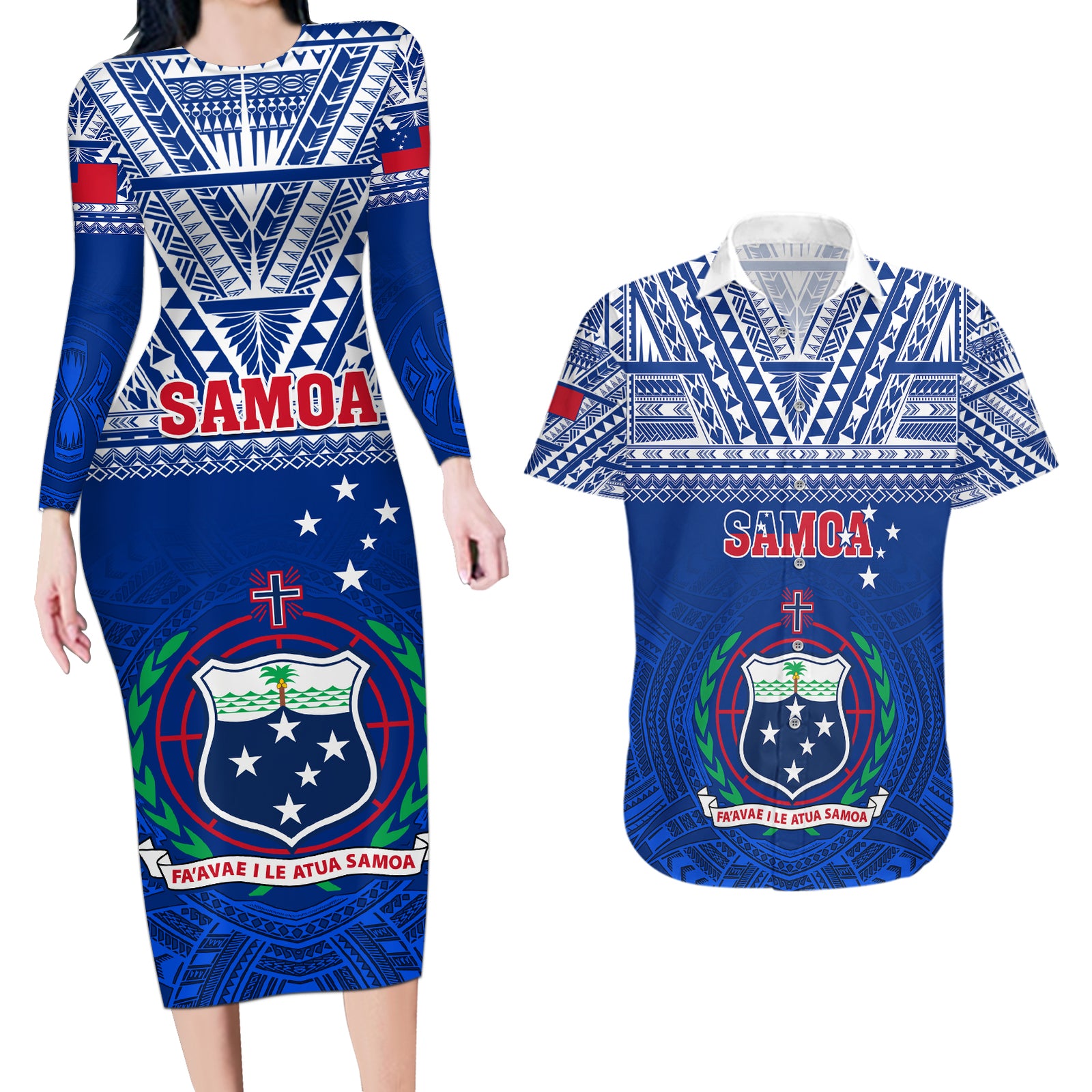 Custom Samoa Rugby Couples Matching Long Sleeve Bodycon Dress and Hawaiian Shirt Manu Samoa Polynesian Tatoo Pattern LT01 Blue - Polynesian Pride