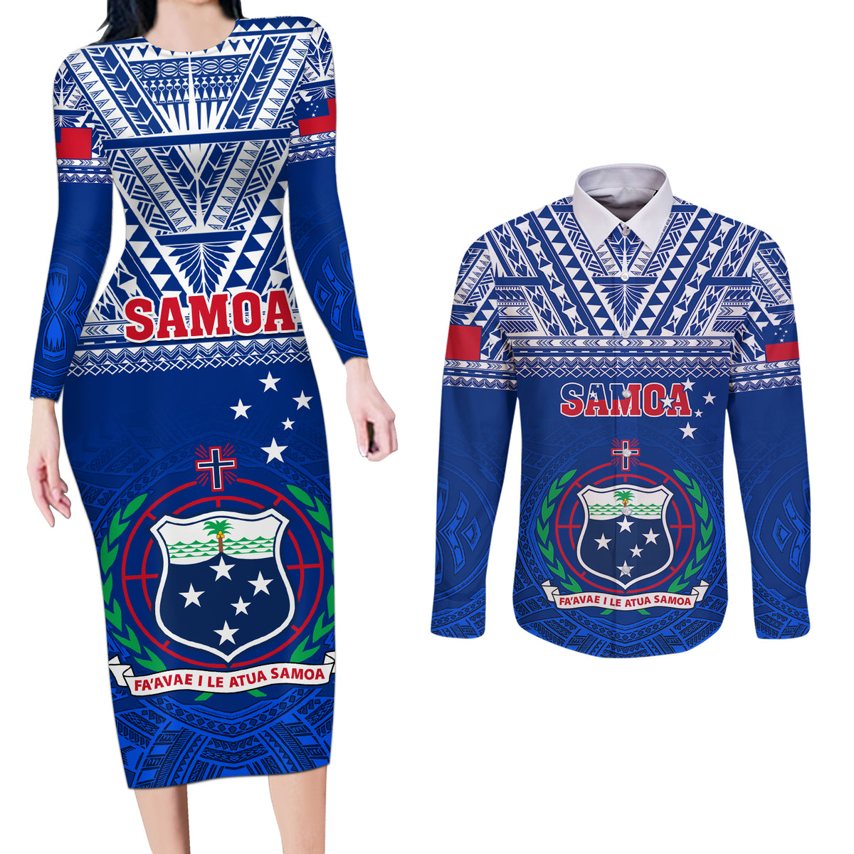 Custom Samoa Rugby Couples Matching Long Sleeve Bodycon Dress and Long Sleeve Button Shirts Manu Samoa Polynesian Tatoo Pattern LT01 Blue - Polynesian Pride
