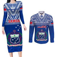 Custom Samoa Rugby Couples Matching Long Sleeve Bodycon Dress and Long Sleeve Button Shirts Manu Samoa Polynesian Tatoo Pattern LT01 Blue - Polynesian Pride