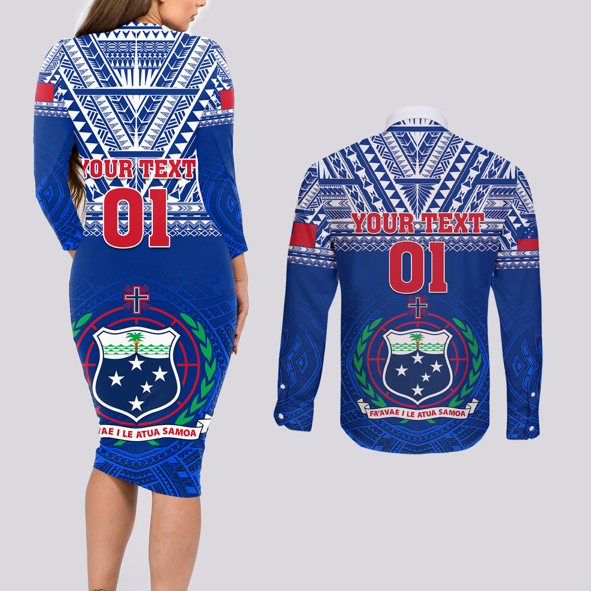 Custom Samoa Rugby Couples Matching Long Sleeve Bodycon Dress and Long Sleeve Button Shirts Manu Samoa Polynesian Tatoo Pattern LT01 - Polynesian Pride