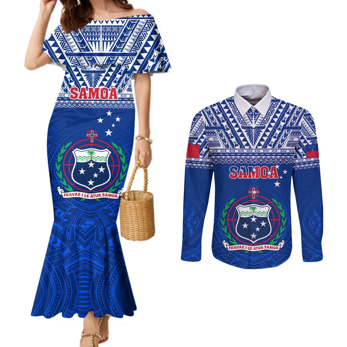 Custom Samoa Rugby Couples Matching Mermaid Dress and Long Sleeve Button Shirts Manu Samoa Polynesian Tatoo Pattern LT01 Blue - Polynesian Pride