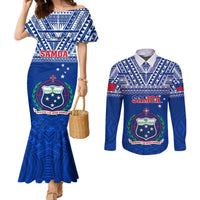 Custom Samoa Rugby Couples Matching Mermaid Dress and Long Sleeve Button Shirts Manu Samoa Polynesian Tatoo Pattern LT01 Blue - Polynesian Pride