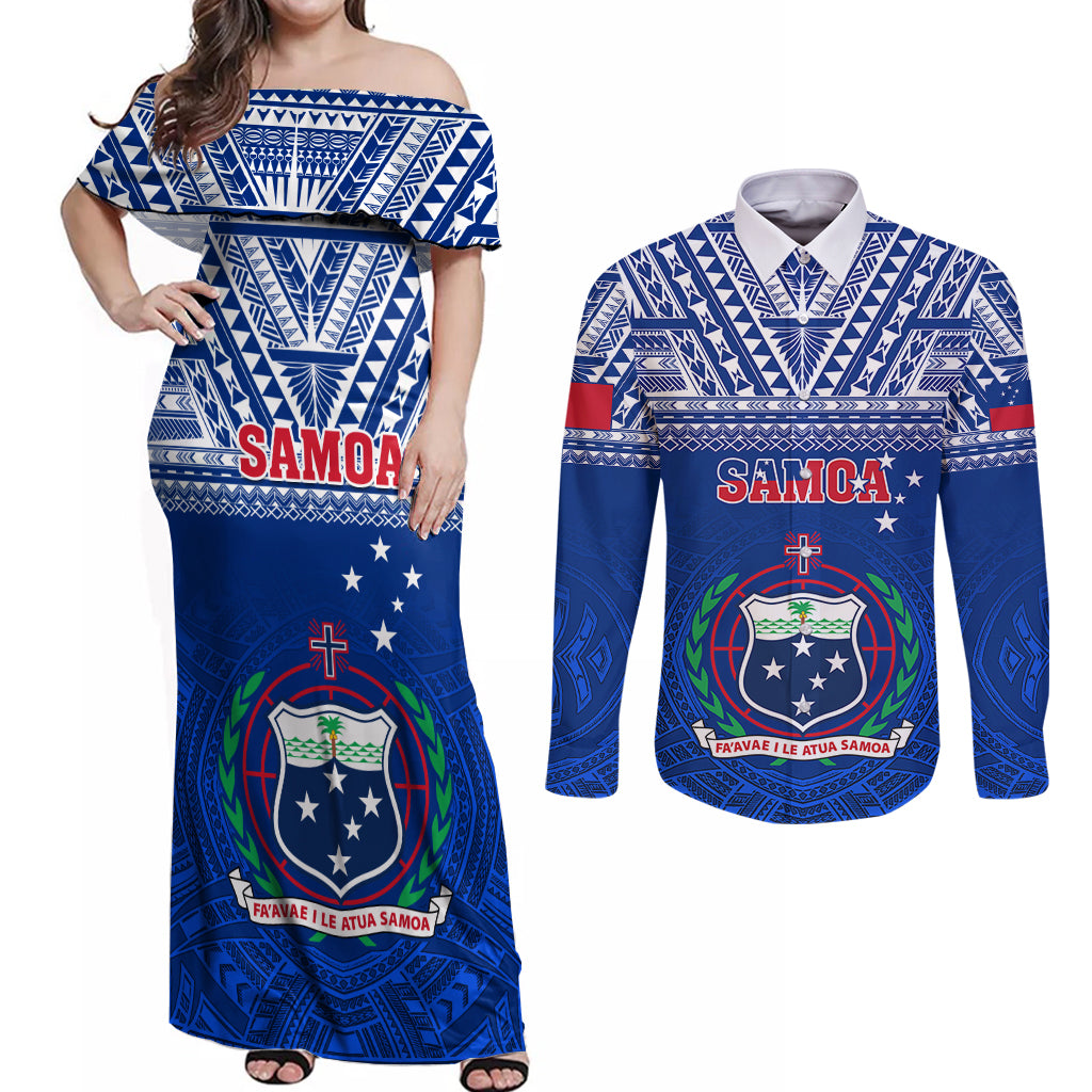 Custom Samoa Rugby Couples Matching Off Shoulder Maxi Dress and Long Sleeve Button Shirts Manu Samoa Polynesian Tatoo Pattern LT01 Blue - Polynesian Pride
